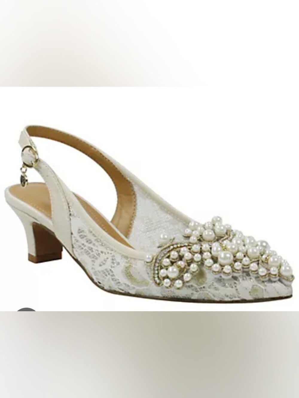 J. Renee Pearl Embellished Lace Slingback Kitten Heels Pointed Toe Ivory 12W